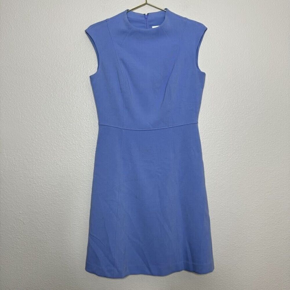 Eliza J Dress Sz 8 Sheath High Neck Blue Stretch Cap Sleeve Modest Pockets Lined
